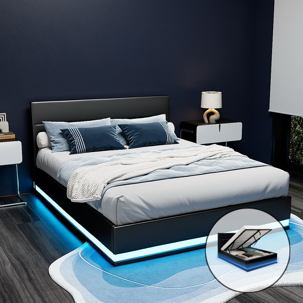 Artiss Lumi LED Bed Frame Fabric Gas Lift Storage Grey Queen