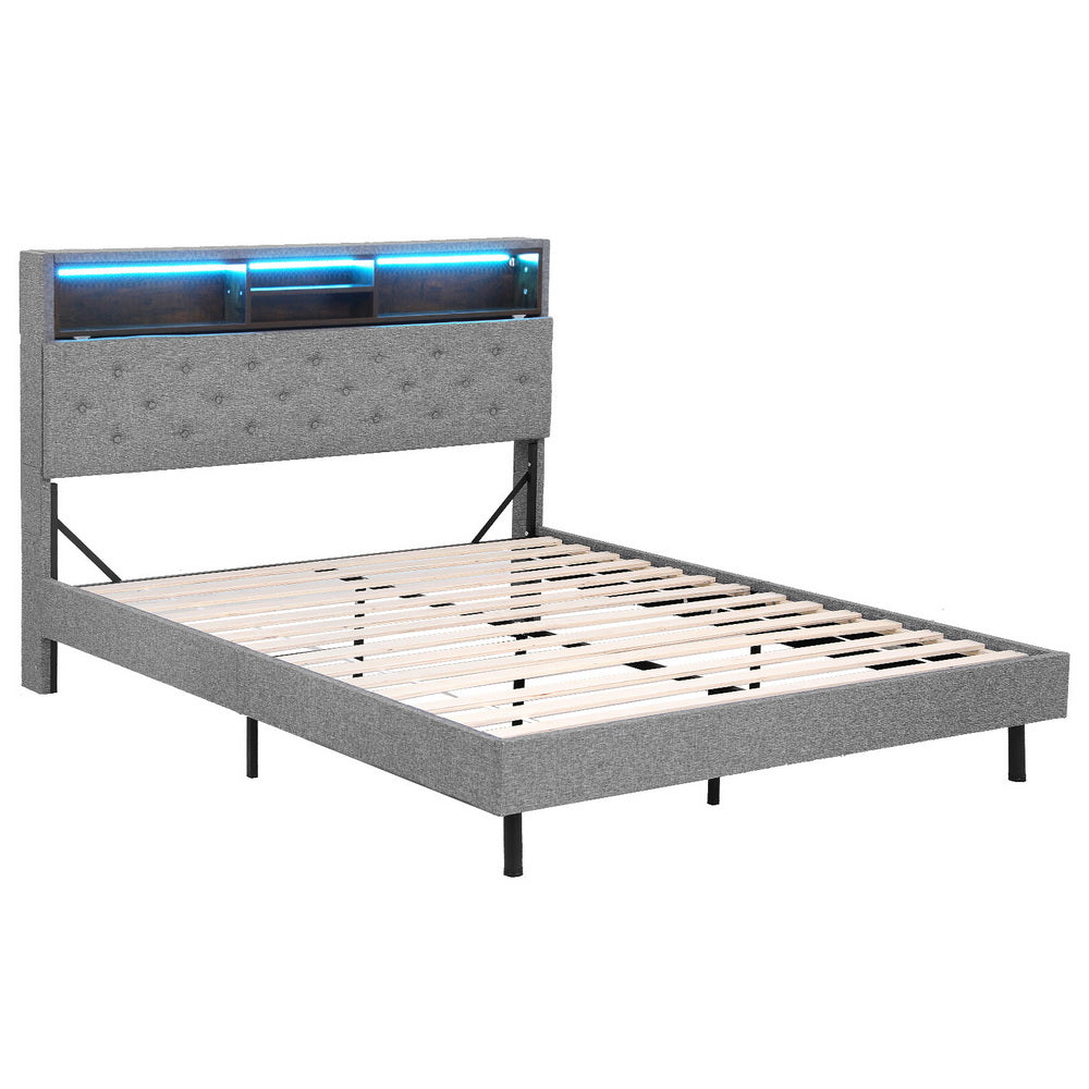 Artiss Bed Frame Base with Storage Shelf Grey Queen