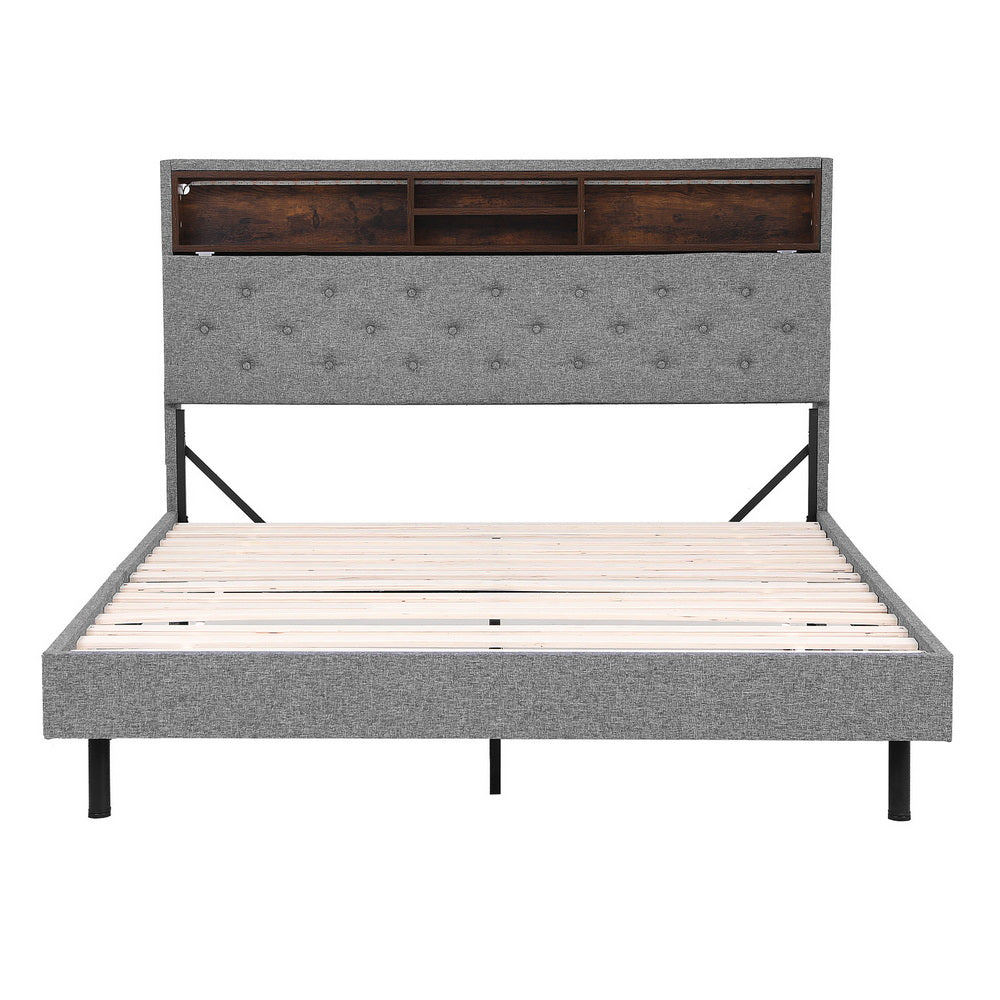 Artiss Bed Frame Base with Storage Shelf Grey Queen