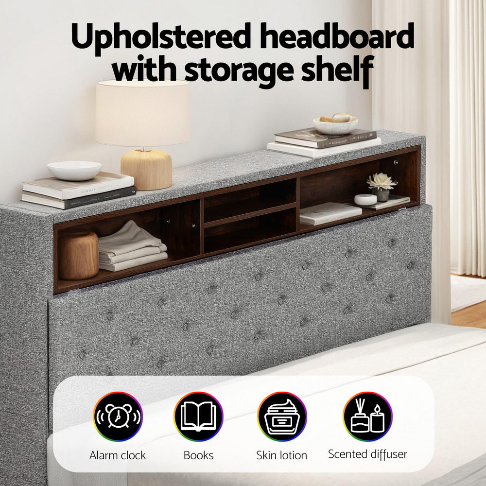 Artiss Bed Frame Base with Storage Shelf Grey Queen