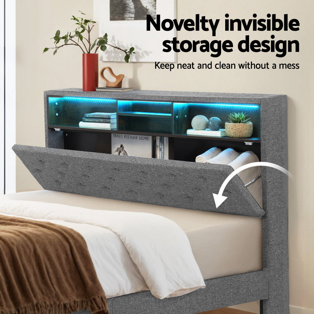 Artiss Bed Frame Base with Storage Shelf Grey Queen