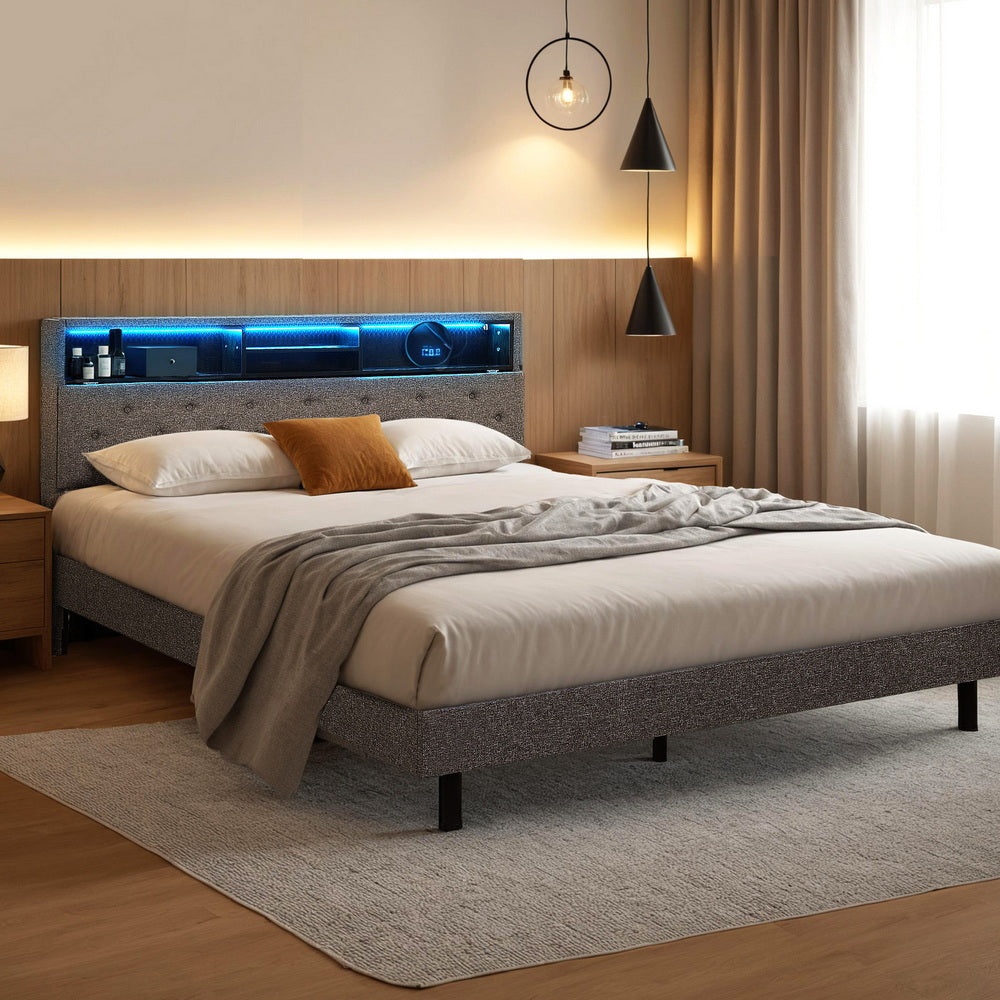 Artiss Bed Frame Base with Storage Shelf Grey Queen