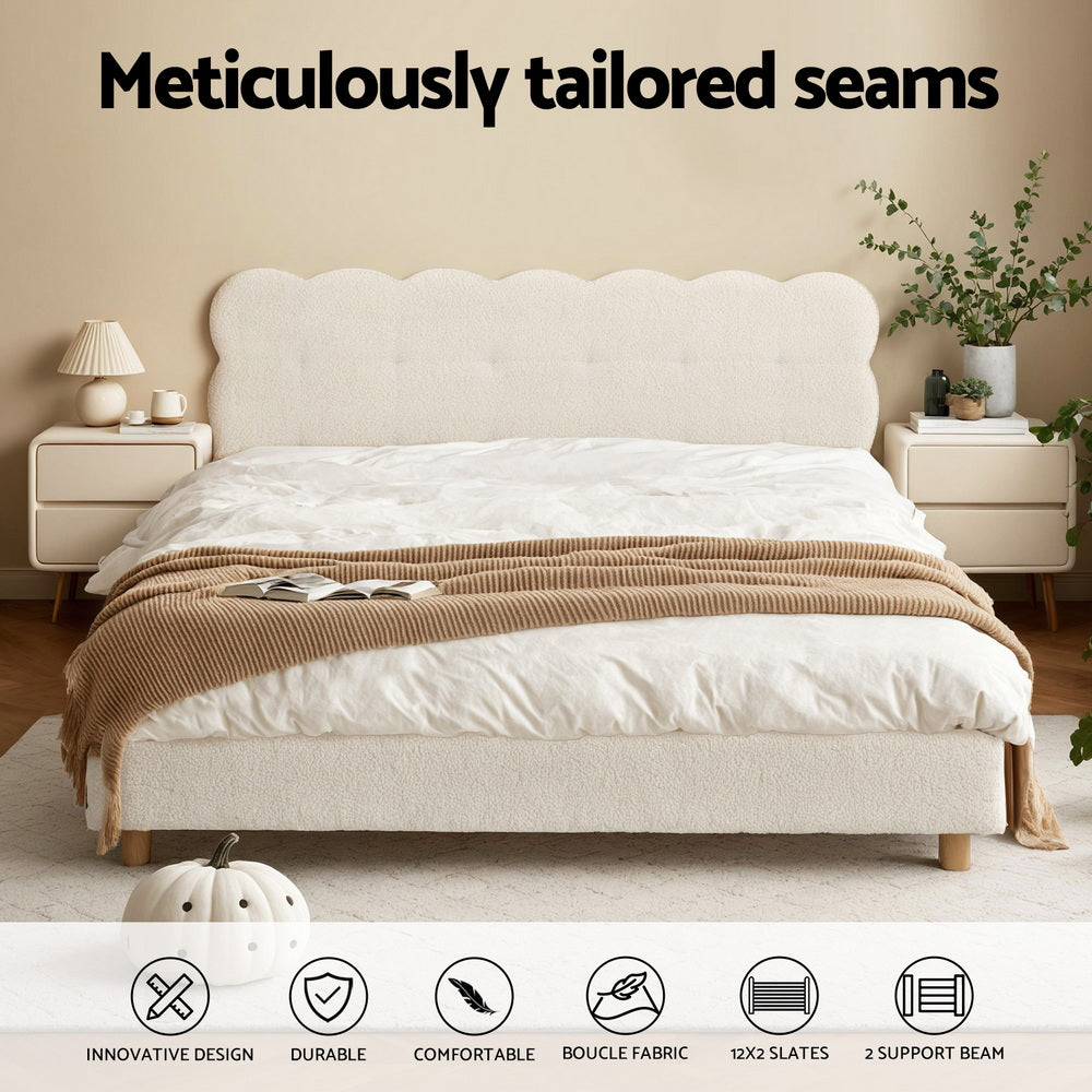 Artiss Queen Bed Frame Cloud Headboard Boucle Fabric Platform White