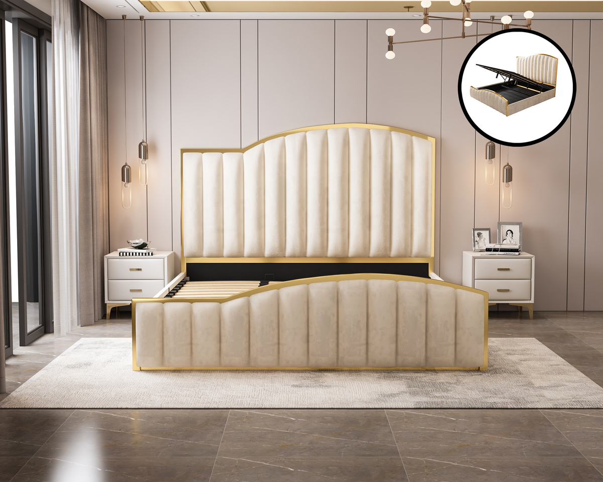 Luxury Velvet Bedframe Beige with Gas Lift Storage King