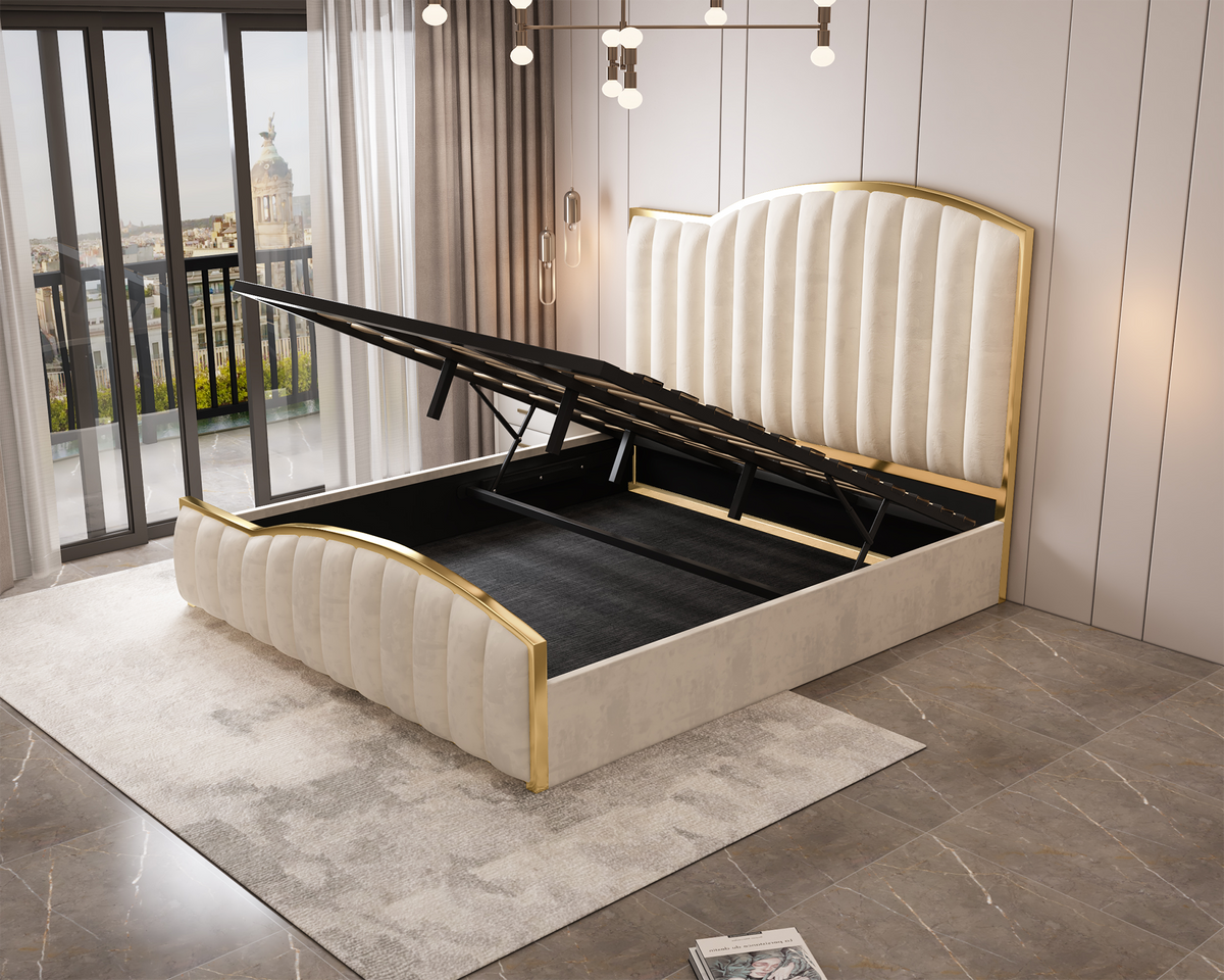 Luxury Velvet Bedframe Beige with Gas Lift Storage King