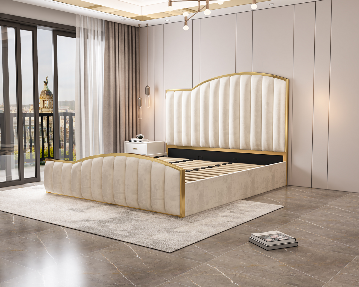 Luxury Velvet Bedframe Beige with Gas Lift Storage King