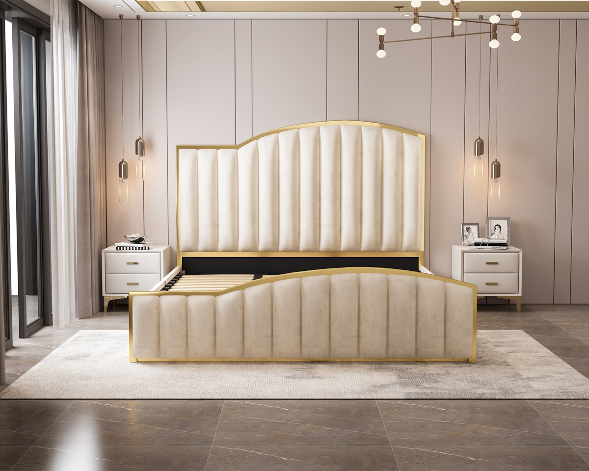 Luxury Velvet Bedframe Beige with Gas Lift Storage King