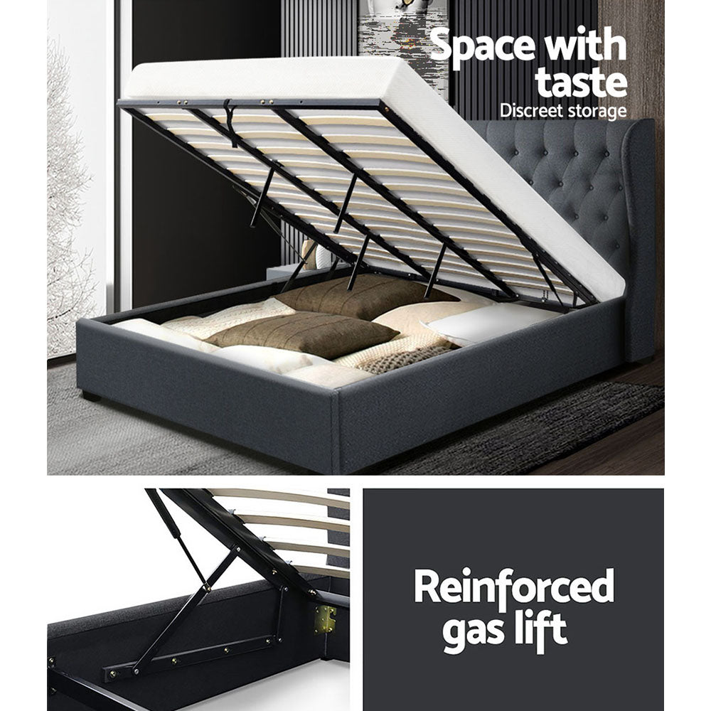 Artiss Issa Bed Frame Fabric Gas Lift Storage - Charcoal King
