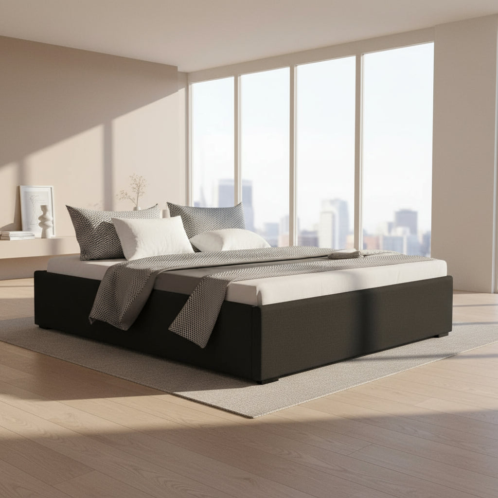 Toki Double Bed with grey bedding and pillows on a white background