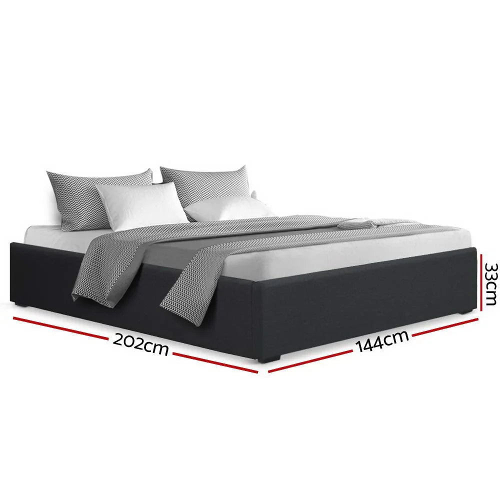 Toki Double Bed with grey bedding and pillows on a white background