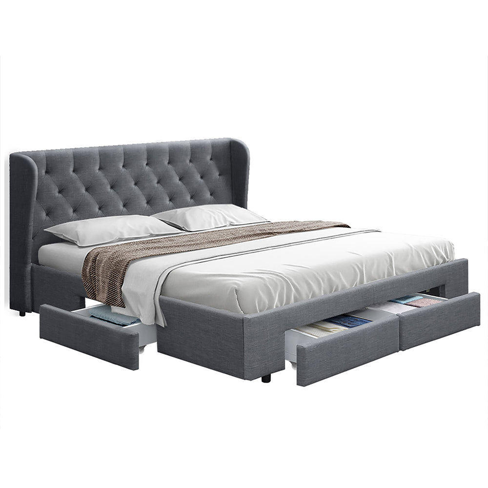 Artiss Mila Queen Size Bed With Storage Drawers Grey Fabric
