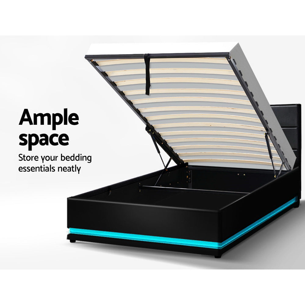 Artiss rgb led bed frame king size gas lift base storage black leather lumi discount