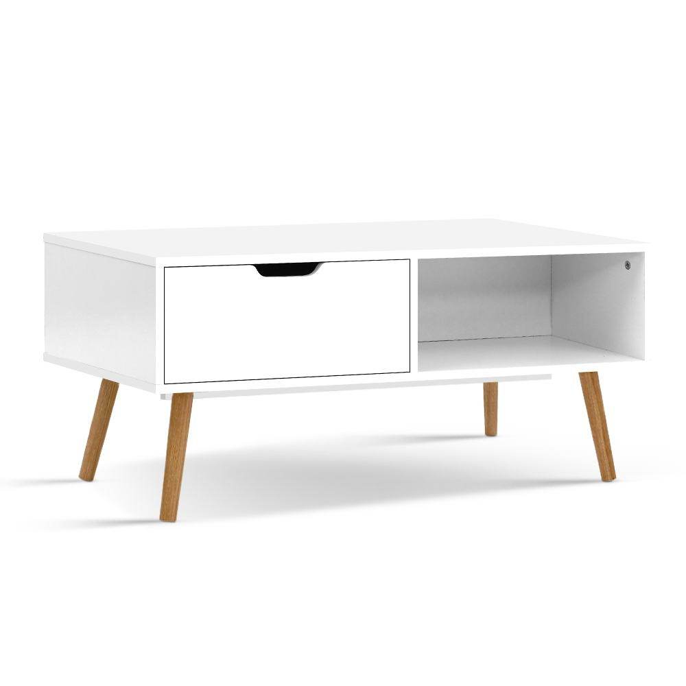 Scandinavian White Coffee Table Storage Drawer Open Shelf - Evopia