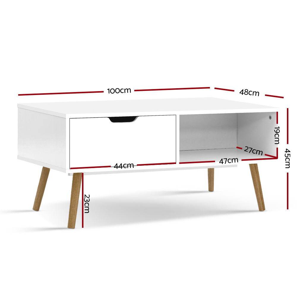Scandinavian White Coffee Table Storage Drawer Open Shelf - Evopia