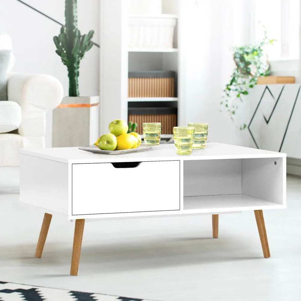 Scandinavian White Coffee Table Storage Drawer Open Shelf - Evopia