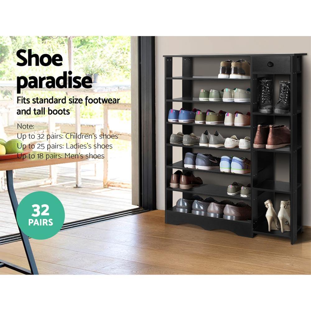 Artiss Shoe Cabinet Shoes Organiser Storage Rack Shelf Wooden 32 Pairs Black - Evopia
