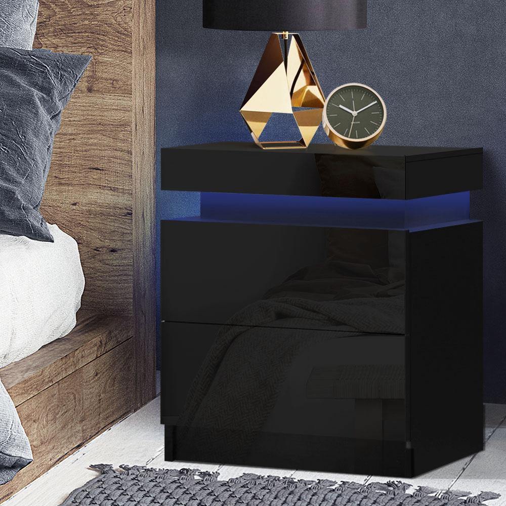 Artiss RGB LED Bedside Table High Gloss Black - Evopia
