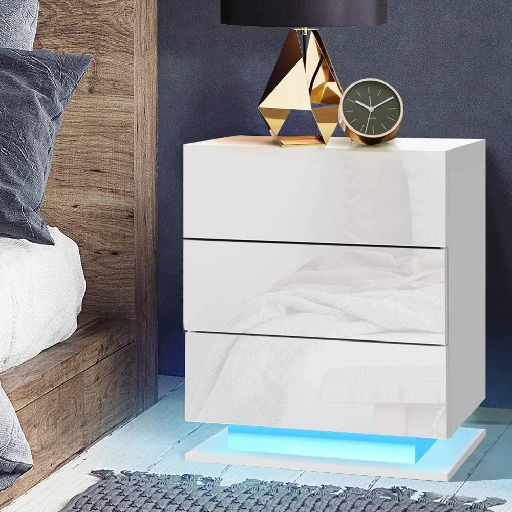 Artiss Bedside Tables RGB LED Lamp Gloss White - Evopia