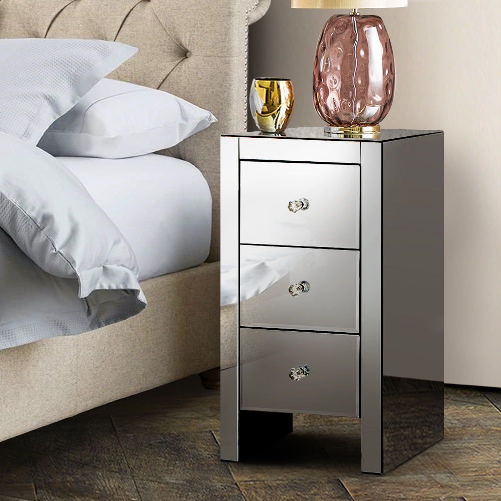 Artiss Mirrored Bedside Table Drawers Crystal Chest Nightstand Glass Grey