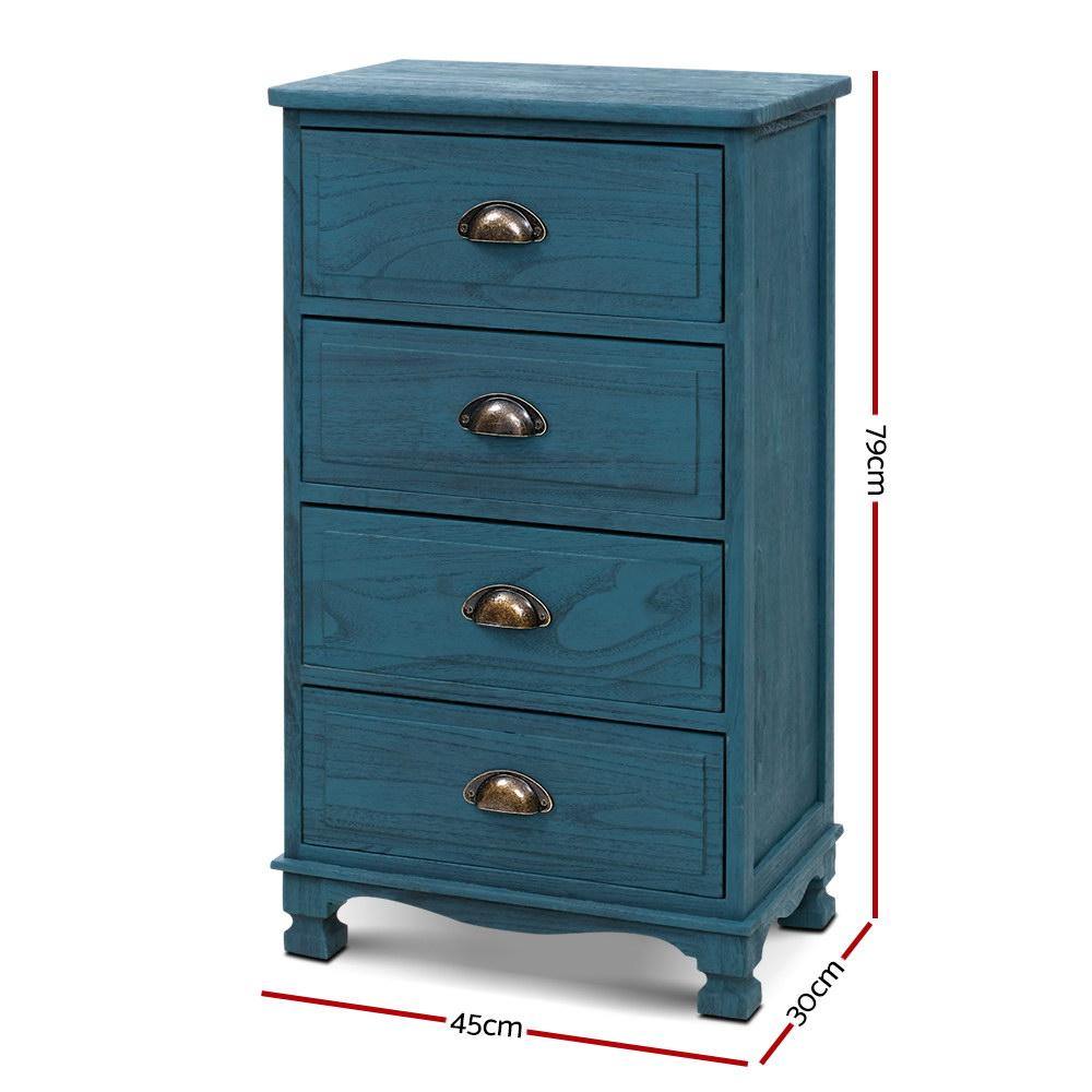 Artiss Bedside Tables Drawers Cabinet Vintage 4 Chest of Drawers Blue Nightstand - Evopia