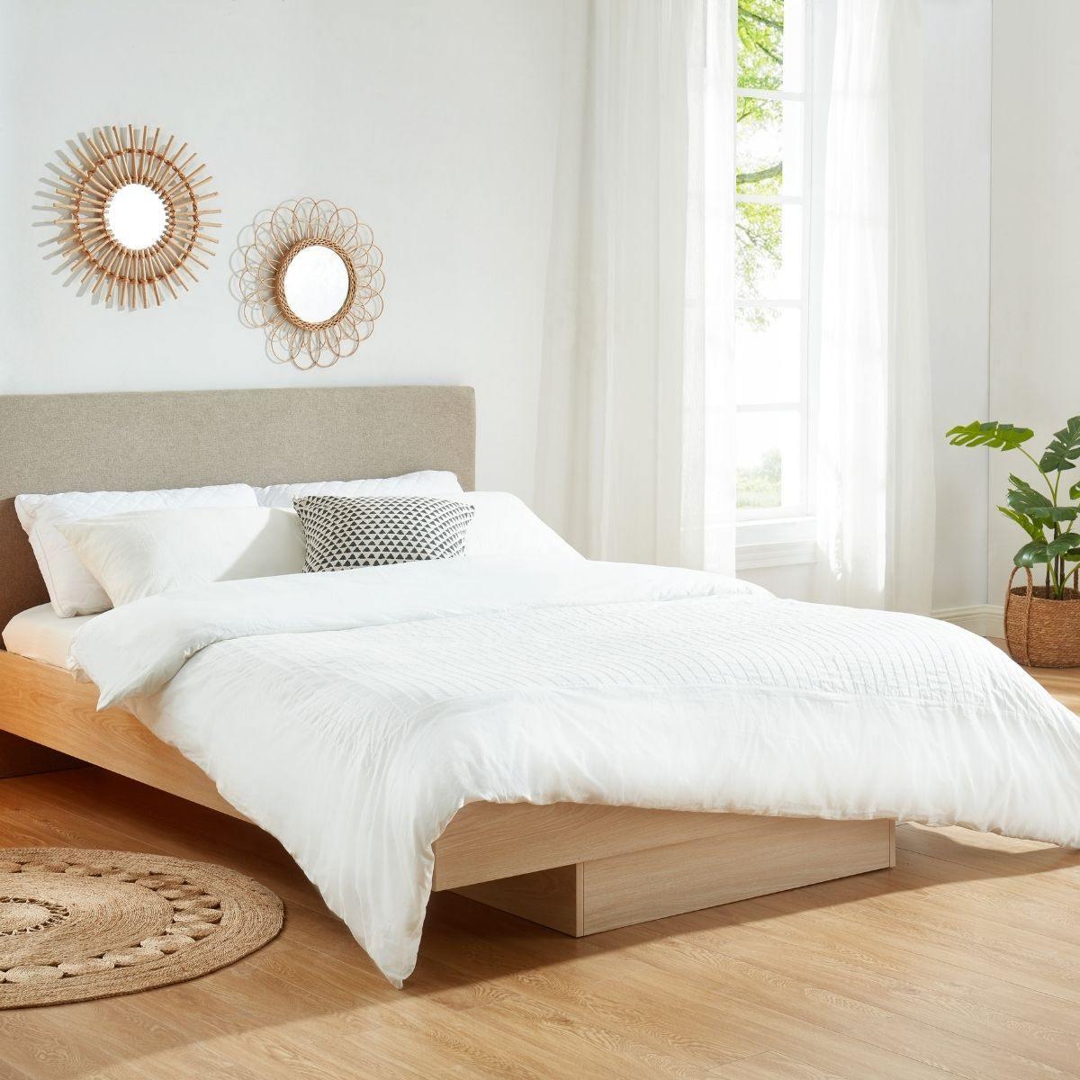 Natural Oak Wood Floating Bed Frame Queen - Evopia