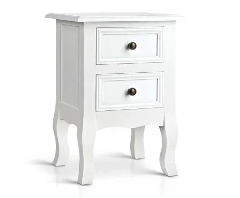 Vintage Style Bedside Side Table with 2 Drawers - White - Evopia