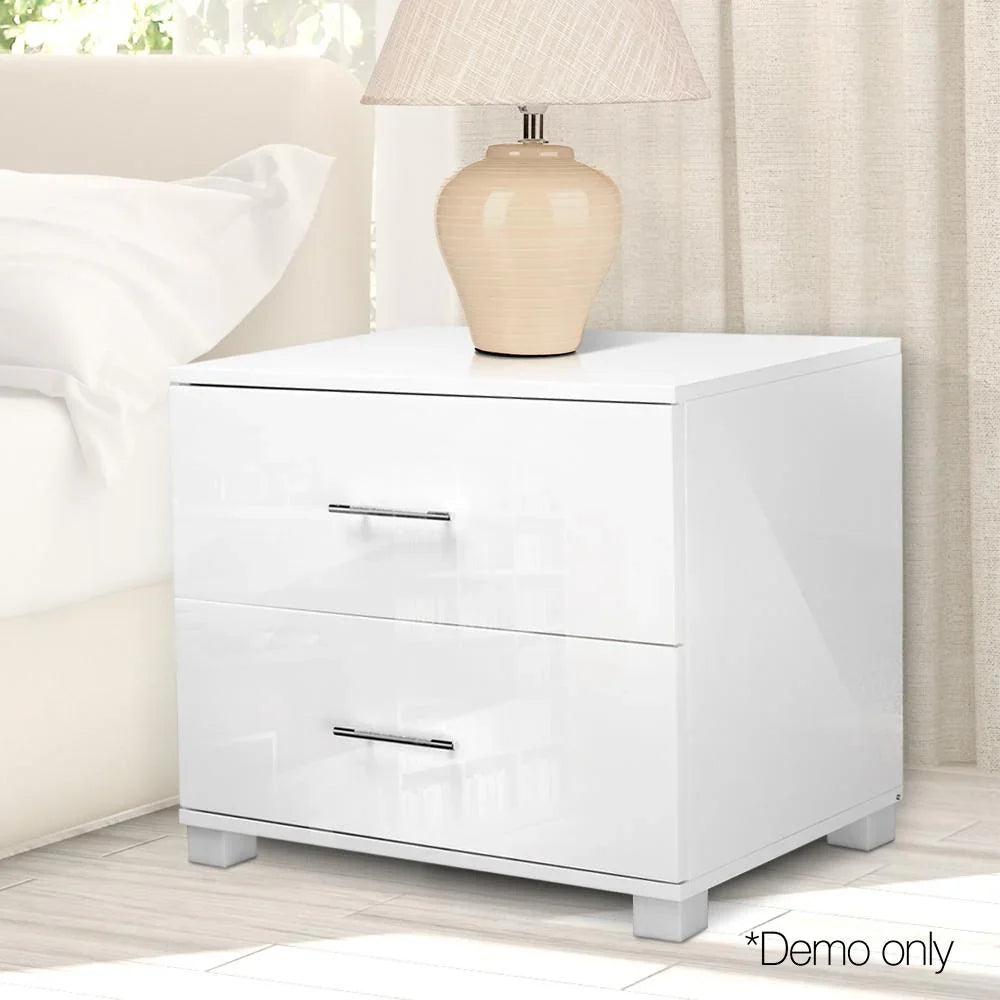 Artiss High Gloss Two Drawers Bedside Table - White - Evopia